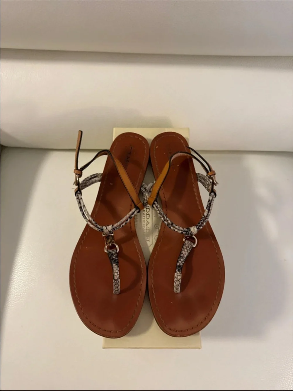 COACH BROWN LEATHER T-STRAP SANDALS WITH SNAKESKIN TRIM